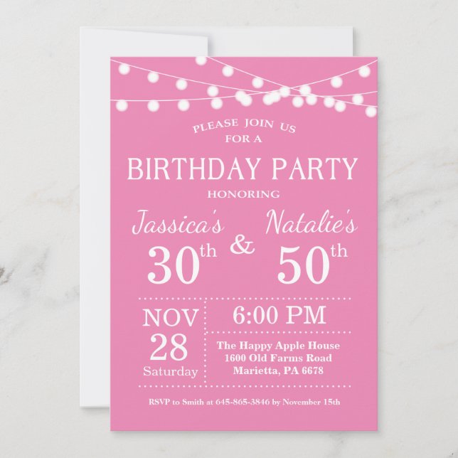 Convite de aniversário de junta de adulto rosa (Frente)