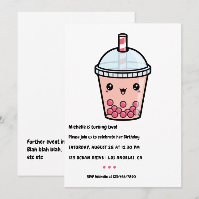 Convite de Aniversário de Kawaii Bubble Tea (Frente/Verso)