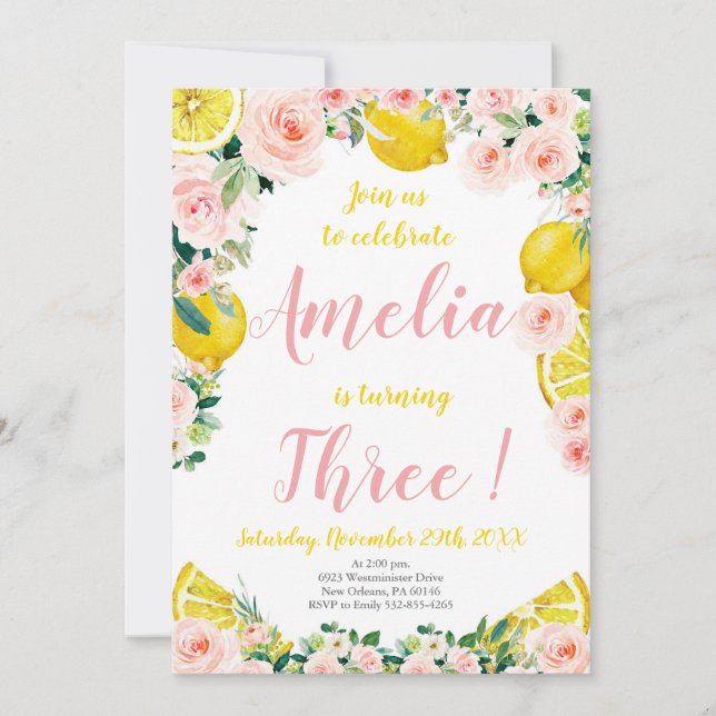 Convite de aniversário de limão, aniversário de 3  (Frente)