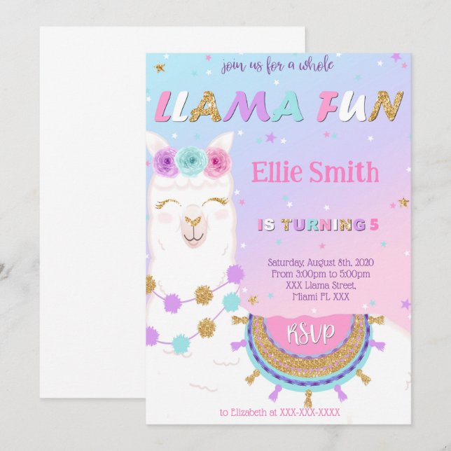 Convite de aniversário de Llama (Frente/Verso)