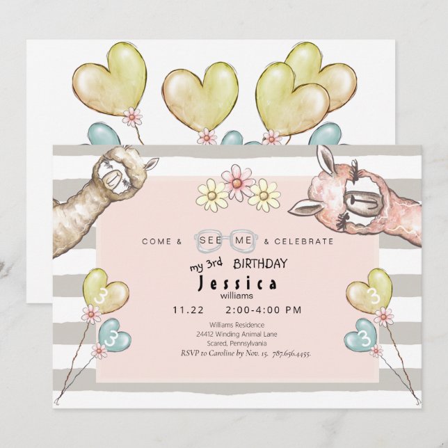 Convite de aniversário de Llama Girl (Frente/Verso)