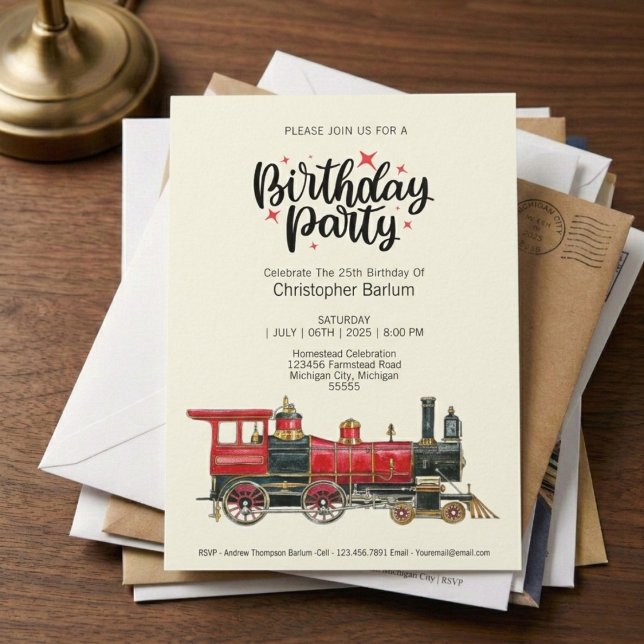 Convite de Aniversário de Locomotiva a Vapor Cláss (All aboard for a great birthday bash.)