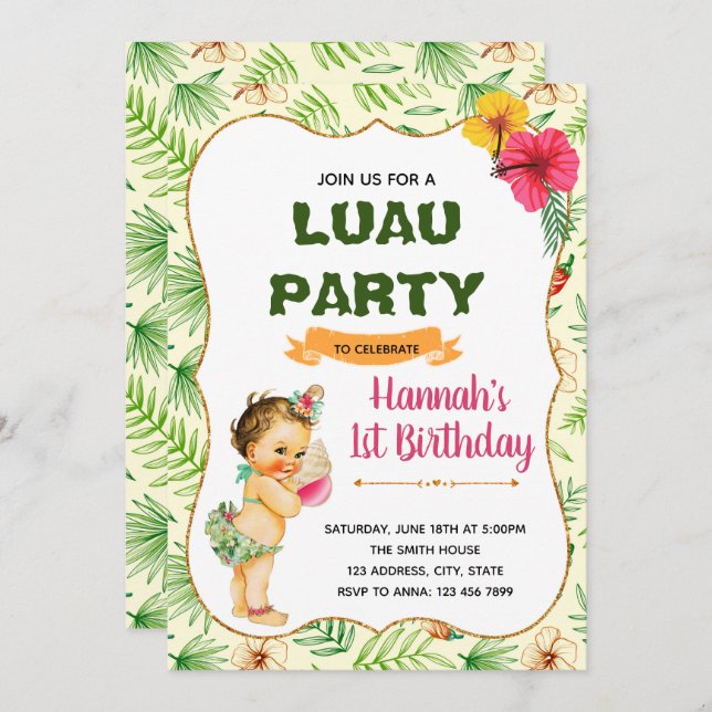 Convite de aniversário de Luau (Frente/Verso)