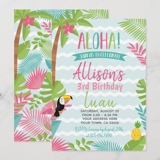 Convite de Aniversário de Luau Havaiano (Frente/Verso)