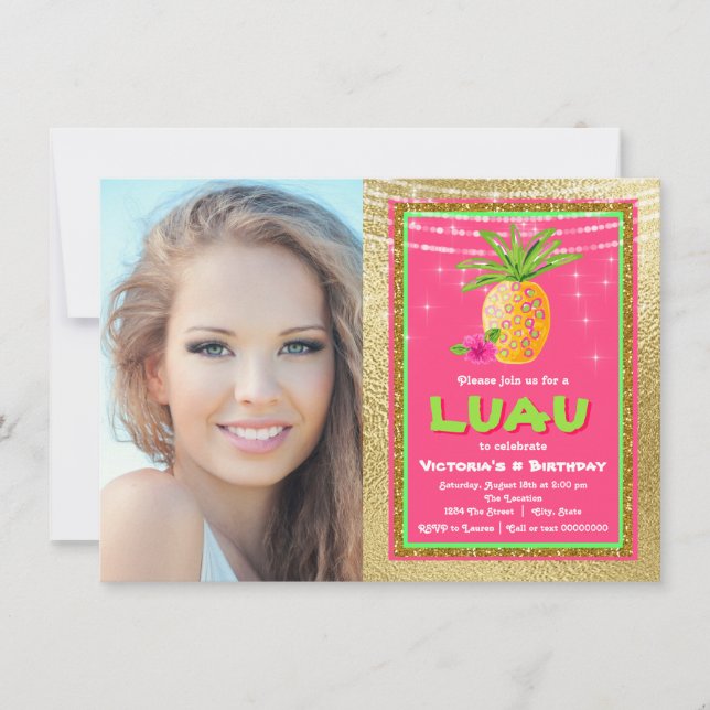 Convite de Aniversário de Luau Havaiano Tropical (Frente)