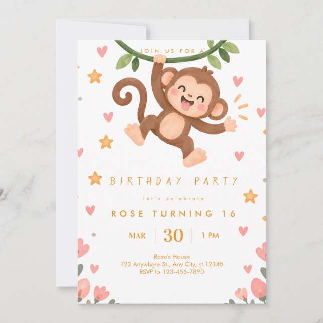 Convite de Aniversário de Macaco Fofo (Frente)