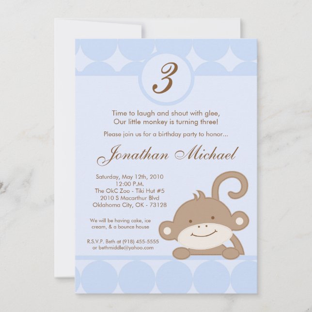 Convite de Aniversário de Macaco PolkaDot Azul 5x7 (Frente)