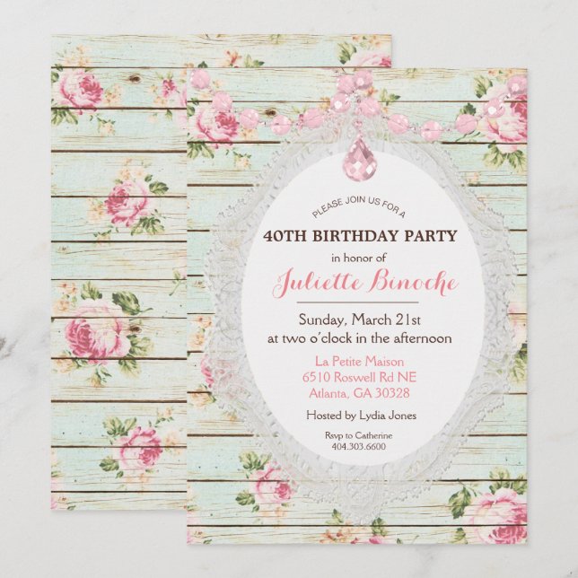 Convite de Aniversário de Madeira Floral Shabby Ch (Frente/Verso)