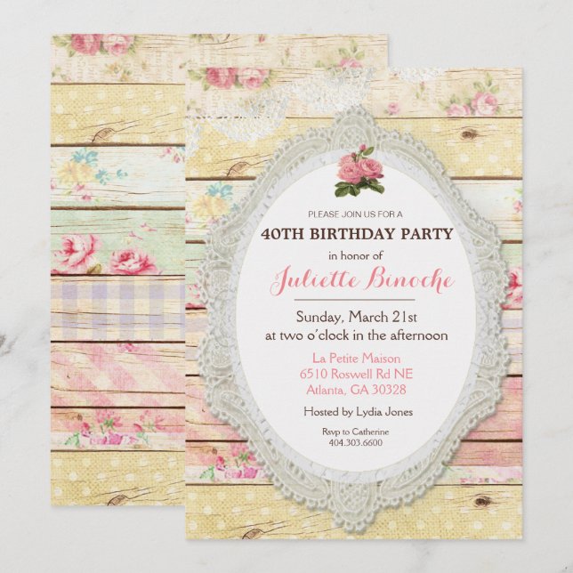 Convite de Aniversário de Madeira Floral Shabby Ch (Frente/Verso)