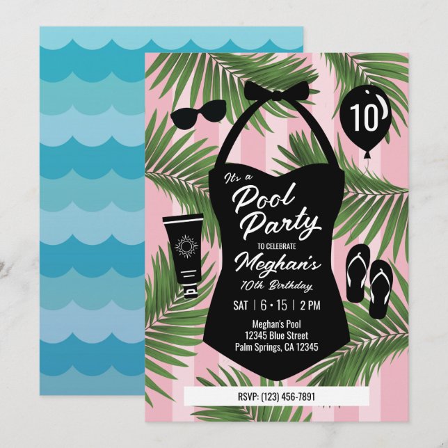 Convite de Aniversário de Maiô Retrô para Festa na (Frente/Verso)