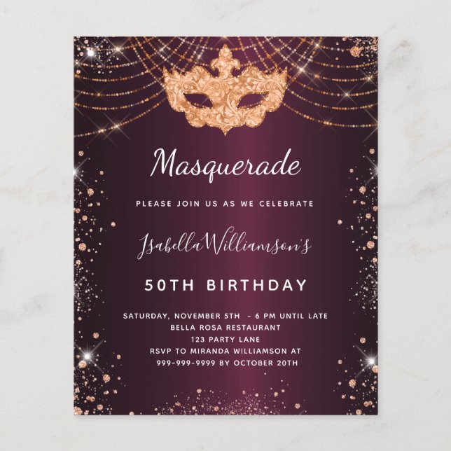 convite de aniversário de mascarada burgundy rosa  (Frente)