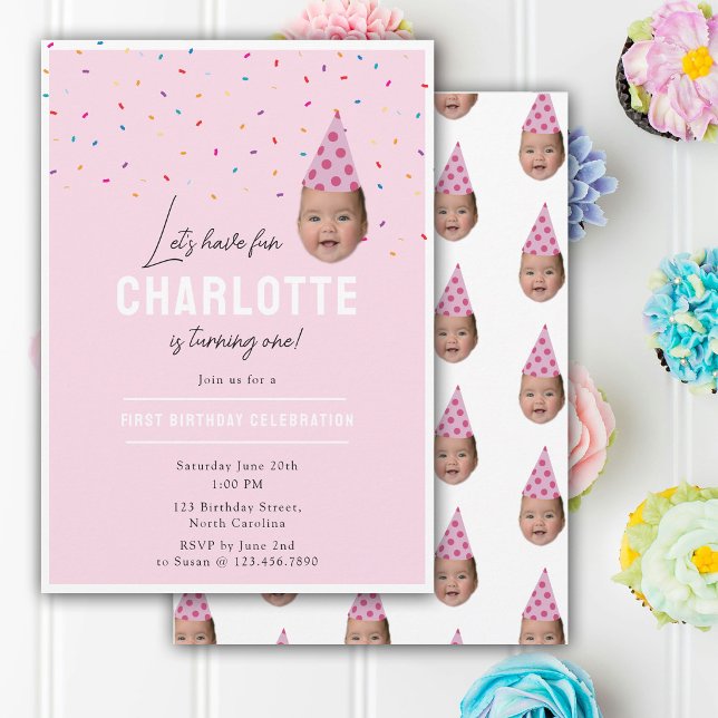 Convite de Aniversário de Menina 1º Aniversário Fo (Girl Birthday Invite 1st Birthday Baby Face Photo)