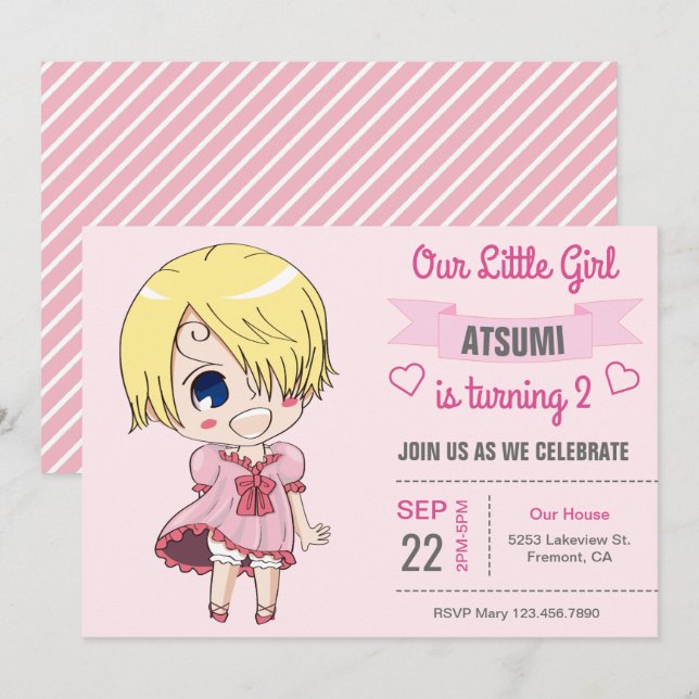 Convite de Aniversário de Menina Anime Rosa Fofa (Frente/Verso)