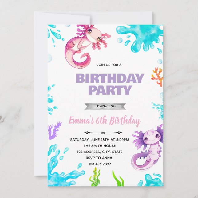 convite de aniversário de menina axolote (Frente)