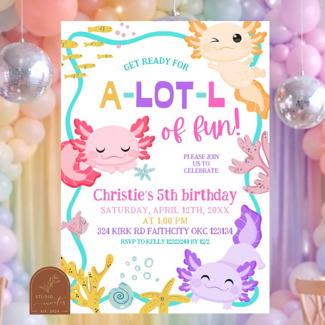 Convite de aniversário de menina Axolote pastel ro (Criador carregado)