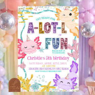 Convite de aniversário de menina Axolotl com brilh