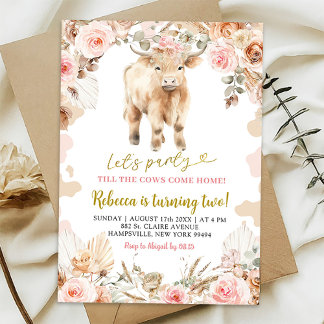 Convite de Aniversário de Menina Boho Highland Cow