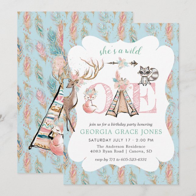 Convite de Aniversário de Menina Boho Selvagem (Frente/Verso)