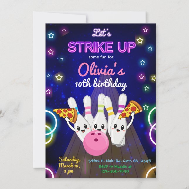 Convite de aniversário de menina, boliche, divirta (Frente)