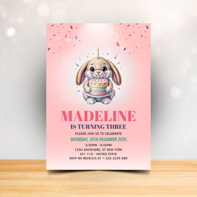 Convite de Aniversário de Menina Bolo de Coelho Ro (Criador carregado)