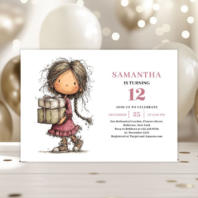 Convite de Aniversário de Menina Caprichosa Rosa E (Whimsical Girl Birthday Invitation Dusty Pink Printable)