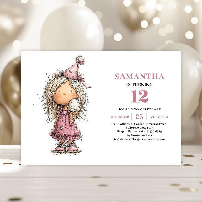Convite de Aniversário de Menina Caprichosa Rosa E (Whimsical Girl Birthday Invitation Dusty Pink Fun
)