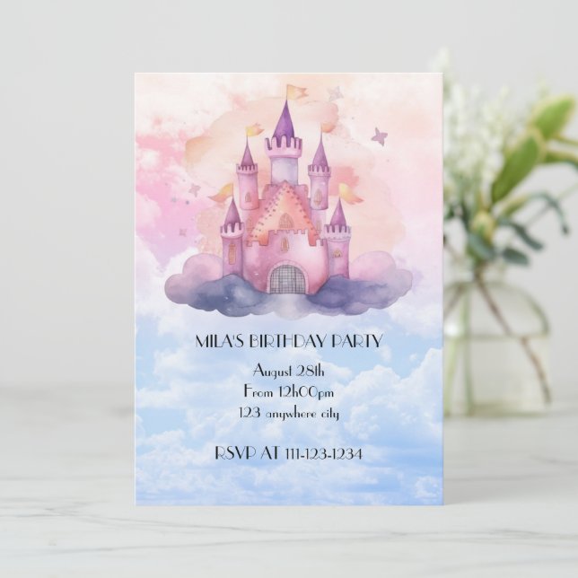 Convite de aniversário de menina castelo princesa  (Em pé/Frente)