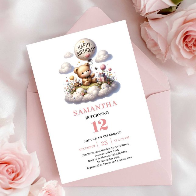 Convite de aniversário de menina com arte de balão (Lovely teddy bear balloon art girl birthday invitation

)