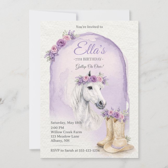 Convite de Aniversário de Menina com Cavalo Floral (Frente)