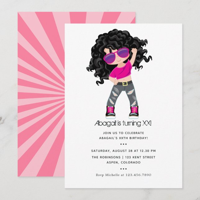 Convite de aniversário de menina com tema Hip Hop (Frente/Verso)