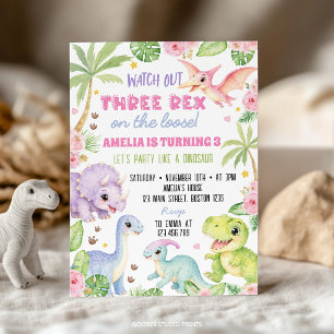 Convite de Aniversário de Menina com Três Rex Dino