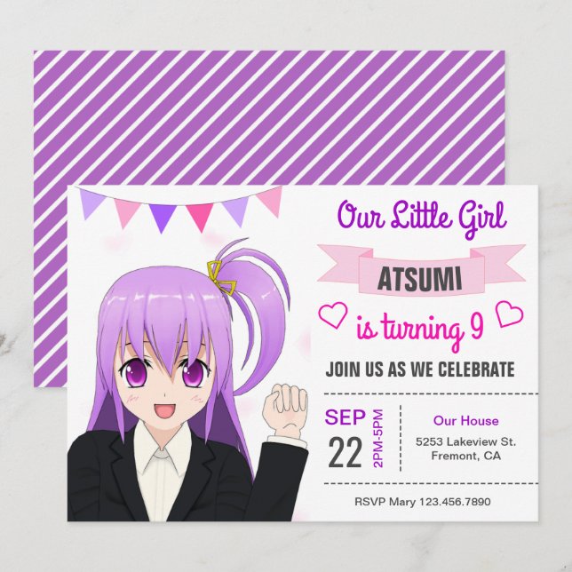 Convite de Aniversário de Menina de Anime Japonês  (Frente/Verso)