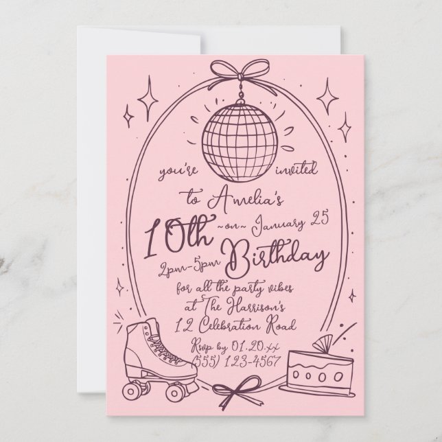 Convite de Aniversário de Menina de Patins Rosa (Frente)