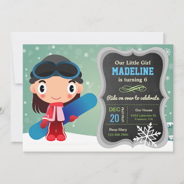 Convite de Aniversário de Menina de Snowboard Fofa (Frente)