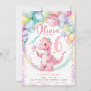 Convite de Aniversário de Menina Dinossauro Rosa
