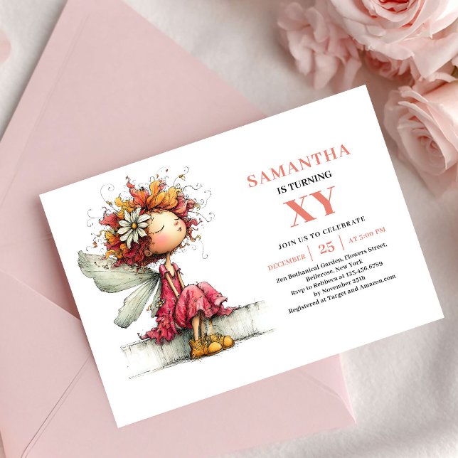 Convite de aniversário de menina encantada fada fl (Enchanted Fairy Girl Birthday Pink Floral invitation)