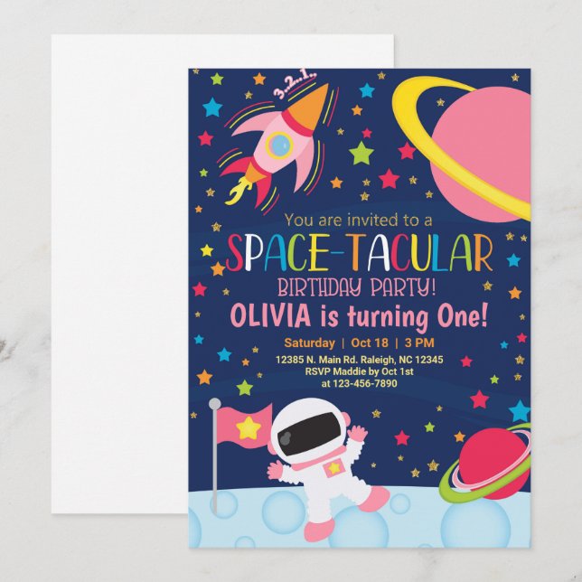 Convite de aniversário de menina espacial espacial (Frente/Verso)