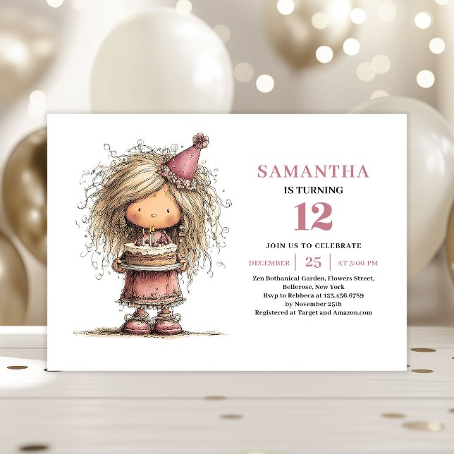 Convite de Aniversário de Menina Excêntrica Rosa E (Quirky Girl Birthday Invite Dusty Pink Printable Card)