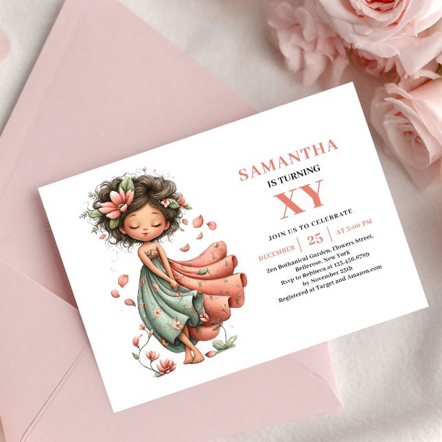 Convite de Aniversário de Menina Fada Adorável Ros (Adorable Fairy Girl Birthday Pastel Pink invitation)
