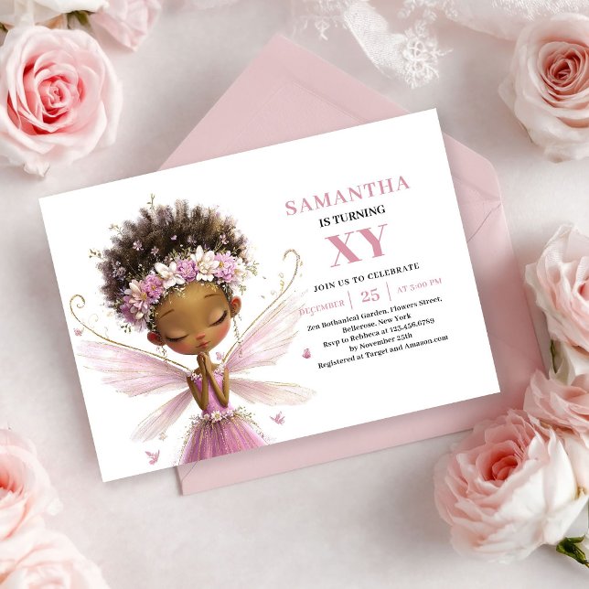 Convite de Aniversário de Menina Fada de Pele Pret (Whimsical Black Skin Fairy Girl Birthday Invite)