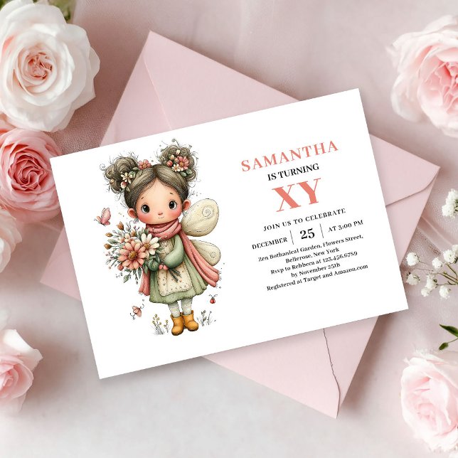Convite de aniversário de menina fada fofa com mag (Cute Fairy Girl Birthday Pastel Pink Magic invitation)