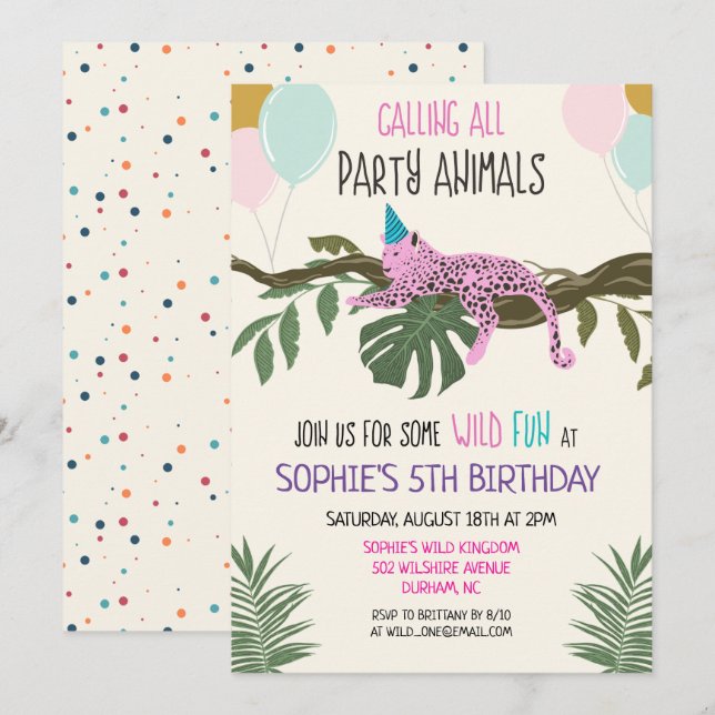 Convite de Aniversário de Menina Festa de Animais  (Frente/Verso)