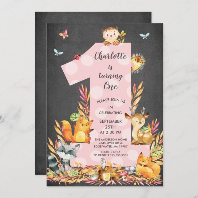 Convite de Aniversário de Menina Floresta de Giz U (Frente/Verso)