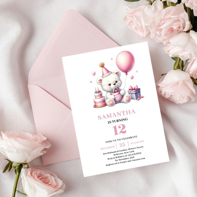 Convite de Aniversário de Menina Fofa Tema Urso de (Cute Girl Birthday Invite Teddy Bear Pink Theme)
