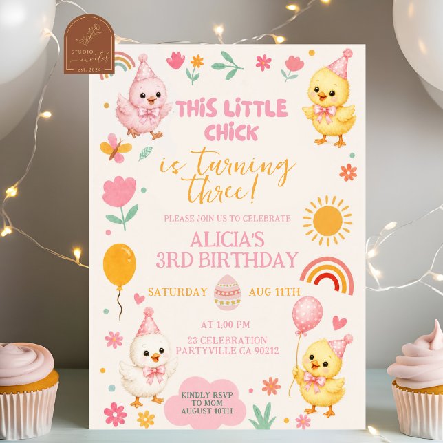 Convite de Aniversário de Menina Frango Rosa (Criador carregado)