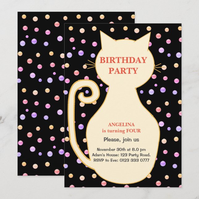 Convite de Aniversário de Menina Gato (Frente/Verso)