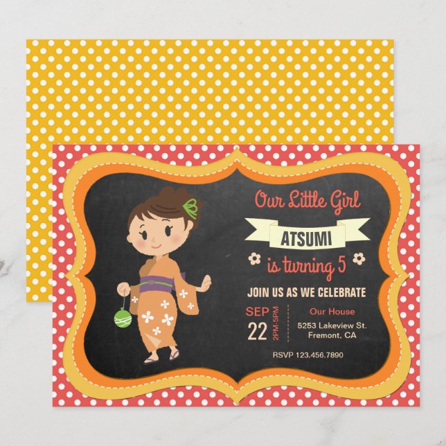 Convite de Aniversário de Menina Japonesa com Kimo (Frente/Verso)