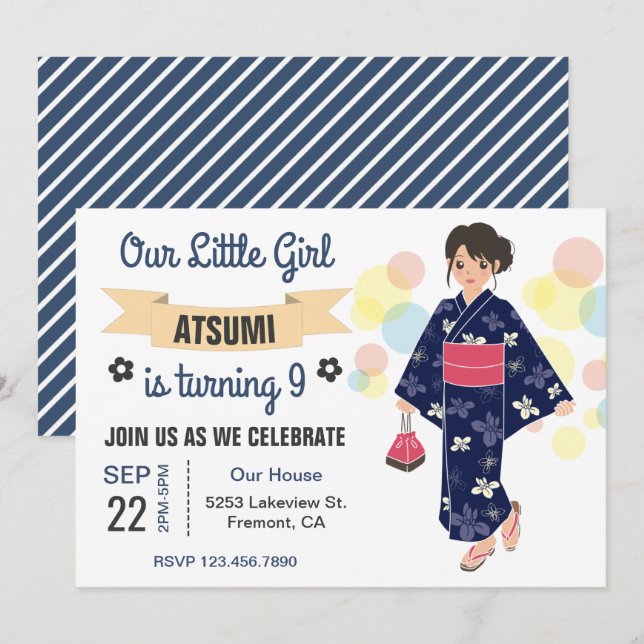Convite de Aniversário de Menina Japonesa com Quim (Frente/Verso)