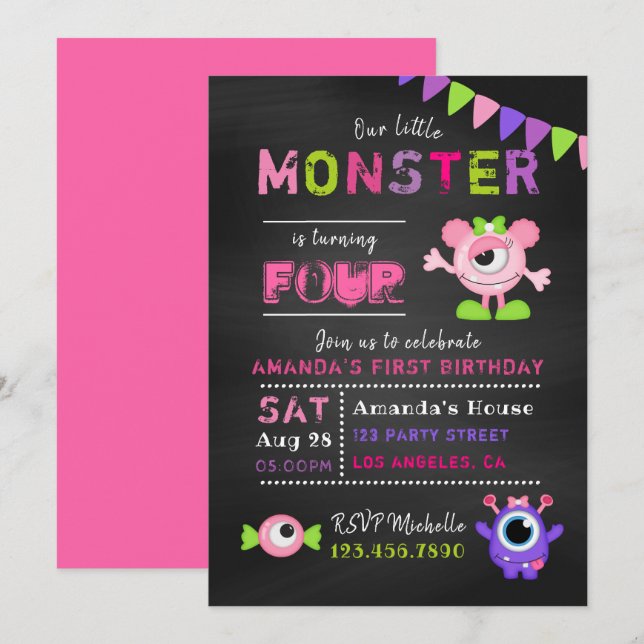 Convite de Aniversário de Menina Monstrinho Quadro (Frente/Verso)