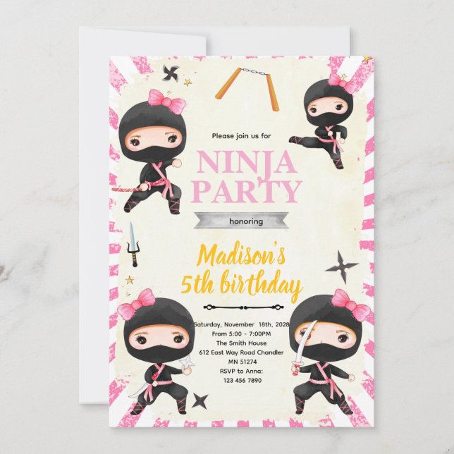 convite de aniversário de menina ninja (Frente)